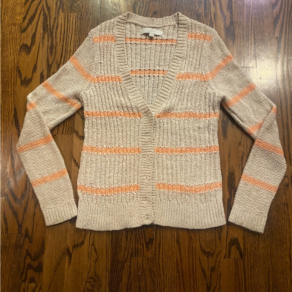 Ann‎ Taylor Loft Cardigan Women's S Button Up V-Neck Pink Cable Knit Sweater